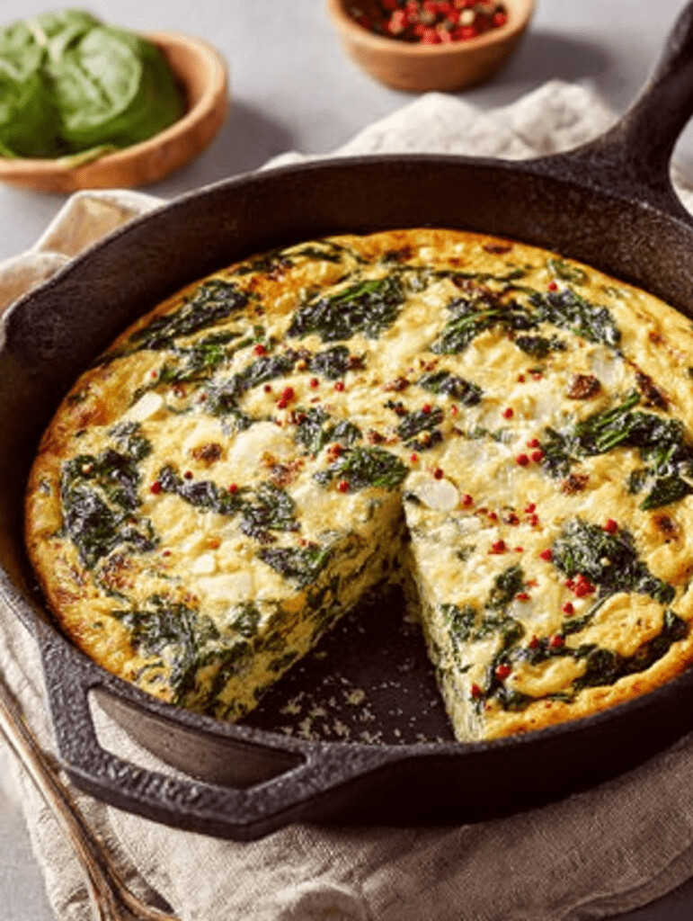 Rustic Spinach Ricotta Skillet Bake - golden brown frittata in a cast iron pan topped with fresh herbs on a wooden table