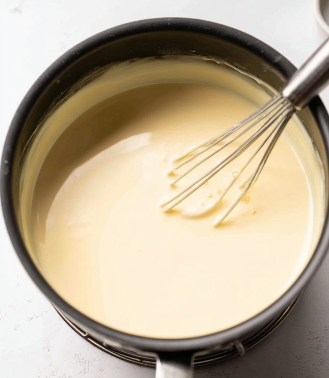 A liquid creme caramel mixture in a saucepan being whisked vigorously to ensure it is perfectly smooth and homogenous before baking.
