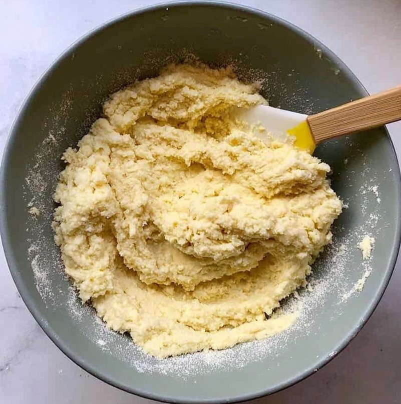 Thick, cohesive dough being mixed in a bowl before baking