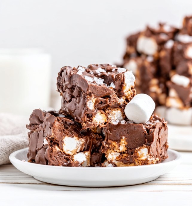 Keto marshmallow bars recipe - close up of firm chocolate squares ready to serve with sea salt sprinkle