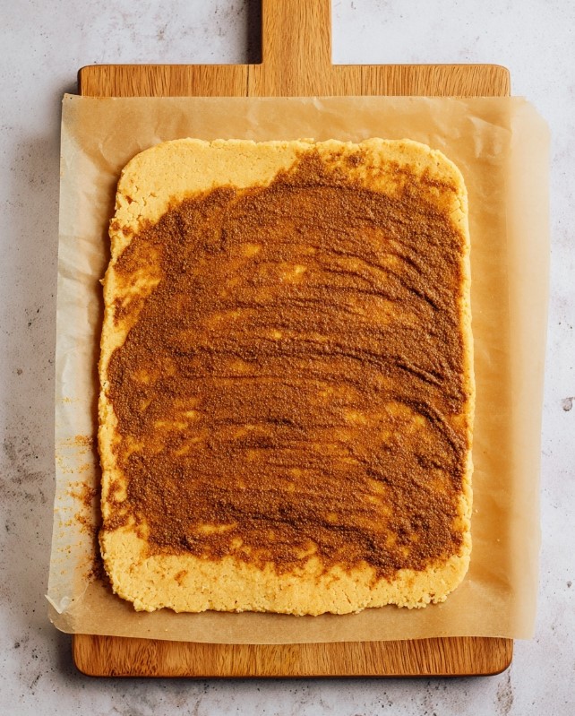 The dough is spread out on baking paper and covered with the cinnamon and sugar mixture as a step before rolling and cutting.