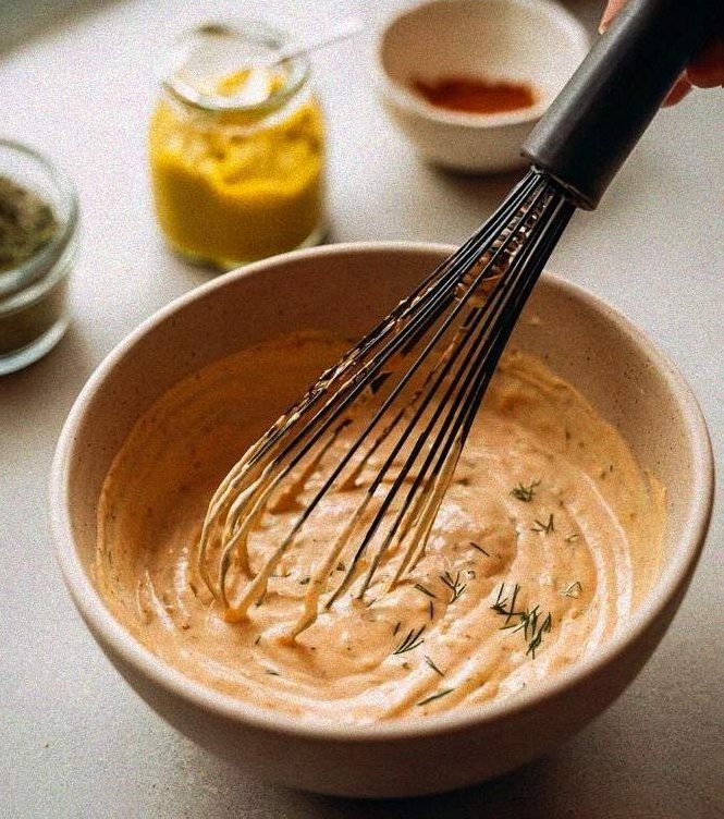 Whisking creamy pink special burger sauce with tiny dill pickle pieces in a small ceramic bowl