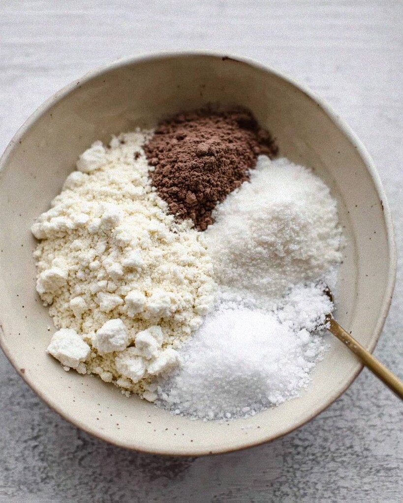 Almond flour and cocoa powder gathered in a white ceramic bowl with a golden spoon for making keto chocolate cake