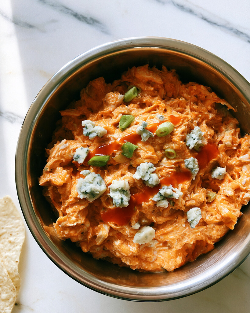 Creamy orange Instant Pot buffalo chicken dip in a metal bowl topped with blue cheese, scallions, and extra hot sauce