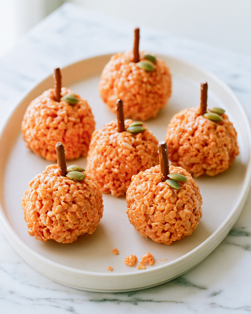 Bright orange pumpkin shaped rice krispie treats decorated with pretzel stems and green pumpkin seeds on a light plate
