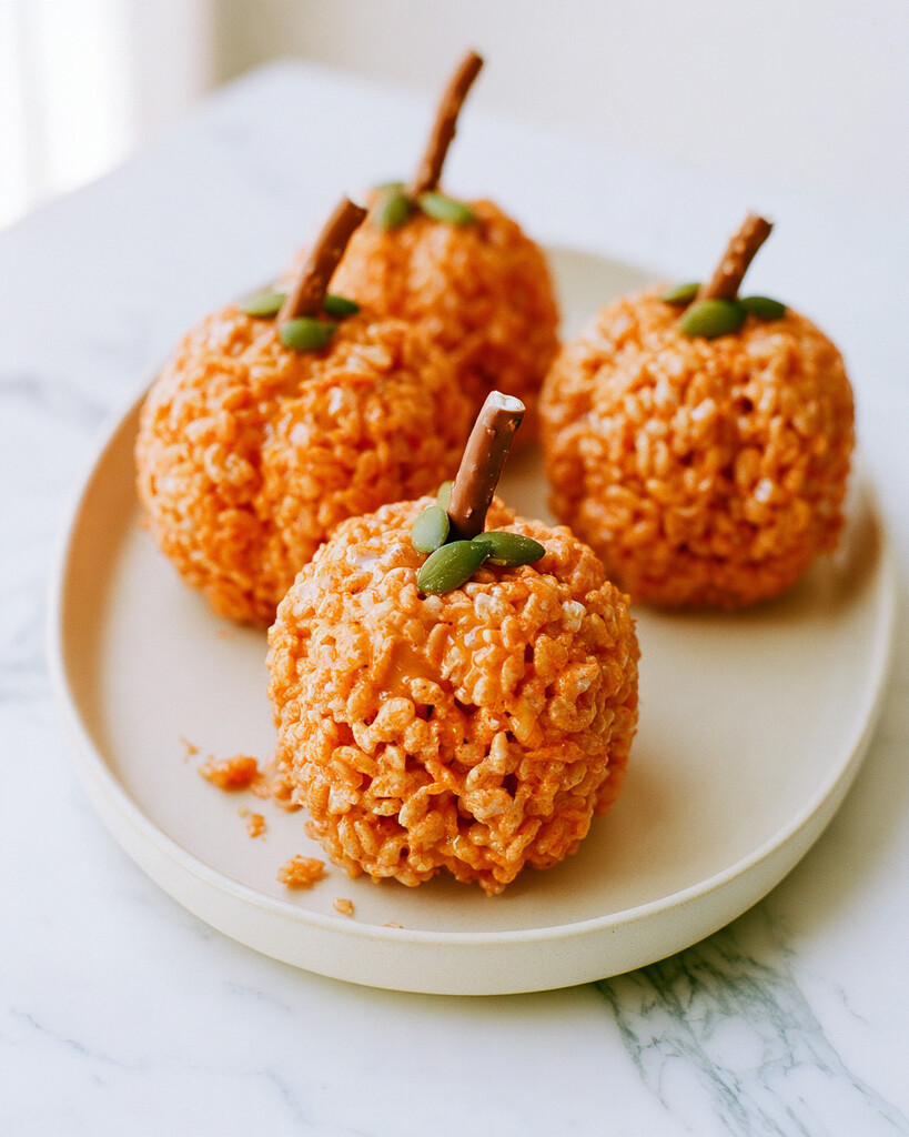 Orange pumpkin rice krispie treats with pretzel stems displayed on a ceramic serving plate