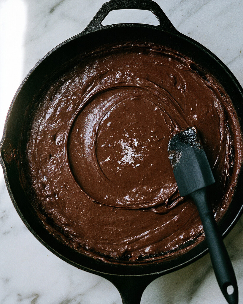 Melting smooth chocolate ganache in a cast iron skillet with flaky salt and a silicone spoon