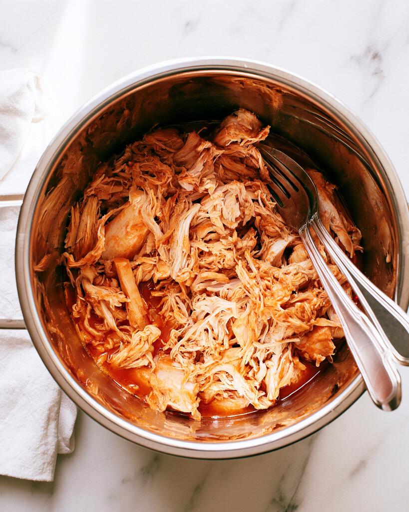 Tender cooked chicken breasts being shredded with two forks inside a metal pot with red sauce
