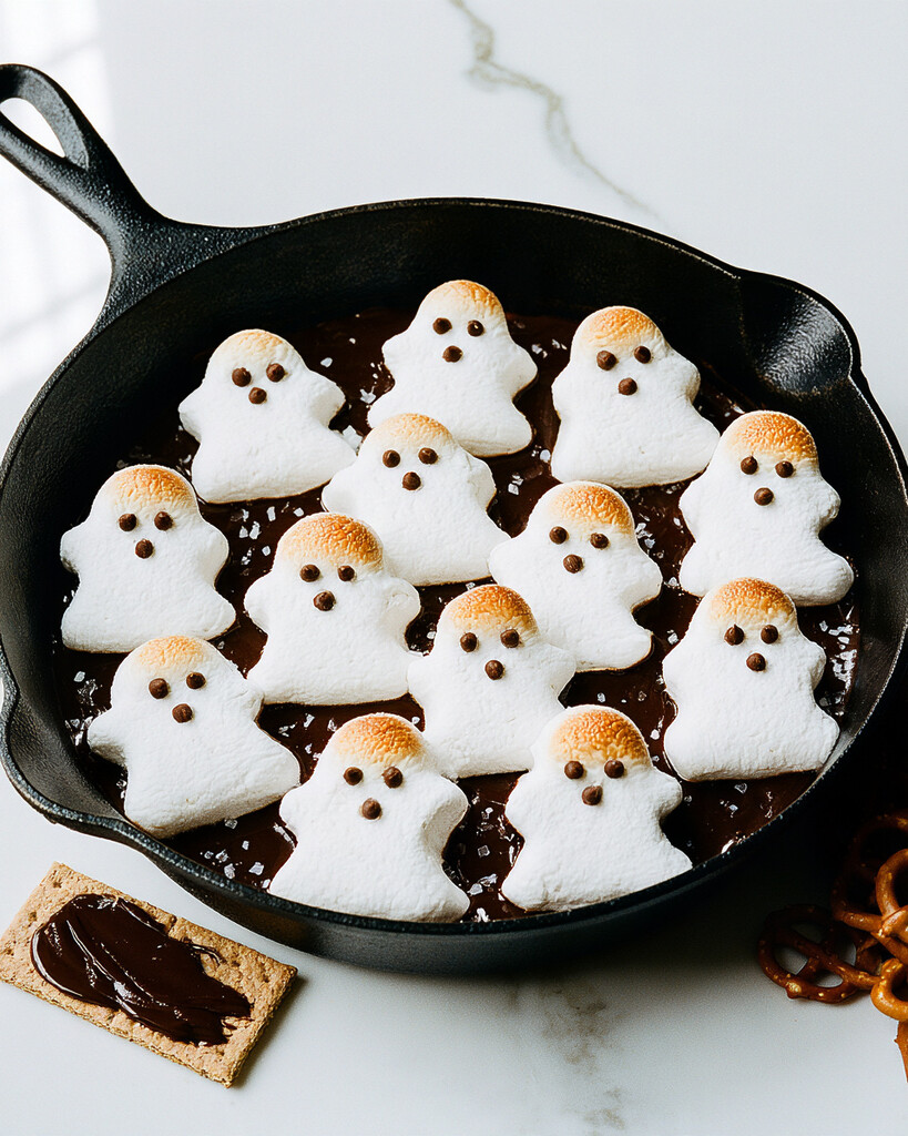Cast iron skillet filled with toasted ghost marshmallows and flaky salt served with crackers and pretzels