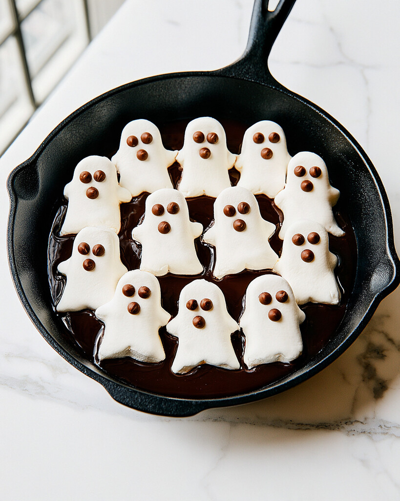White ghost marshmallows arranged closely over a glossy chocolate layer in a cast iron skillet