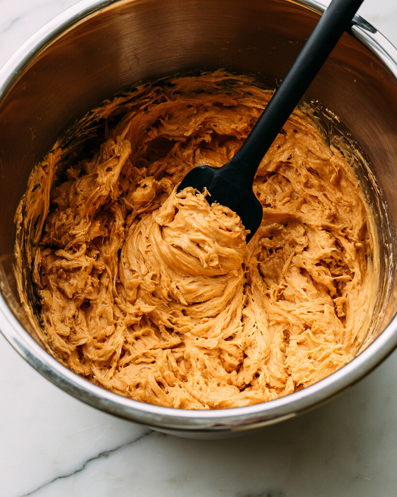 Silicone spoon stirring creamy orange buffalo chicken dip inside a metal insert