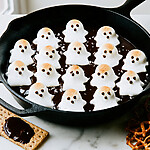 Puffed and golden brown toasted ghost marshmallows over melted chocolate in a skillet