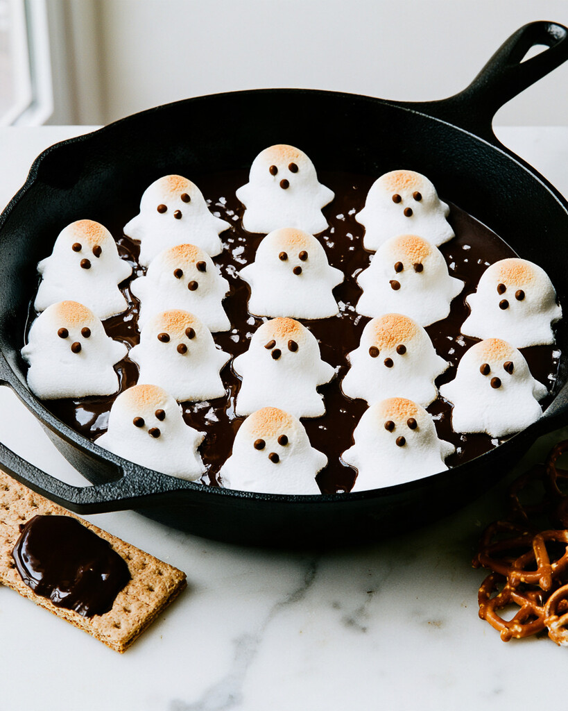 Puffed and golden brown toasted ghost marshmallows over melted chocolate in a skillet