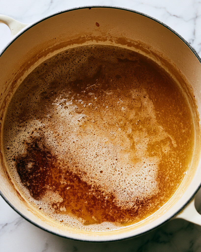 Golden foaming butter with browned specks in a heavy pot
