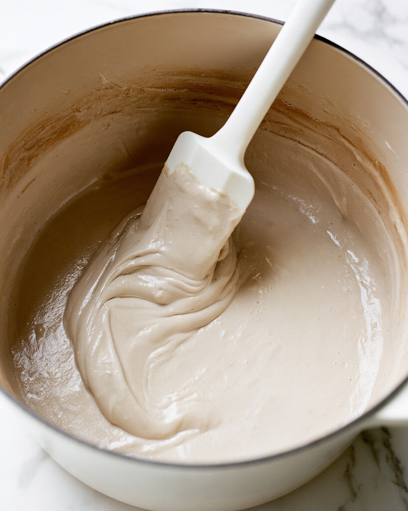 Smooth and creamy melted orange marshmallow mixture in a pot