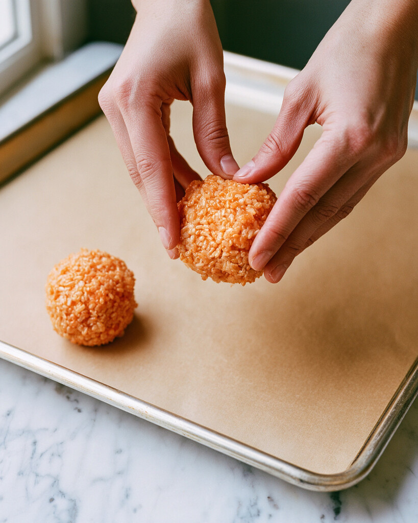 Hands shaping a firm orange rice krispie mixture into a ball over a parchment-lined baking sheet
