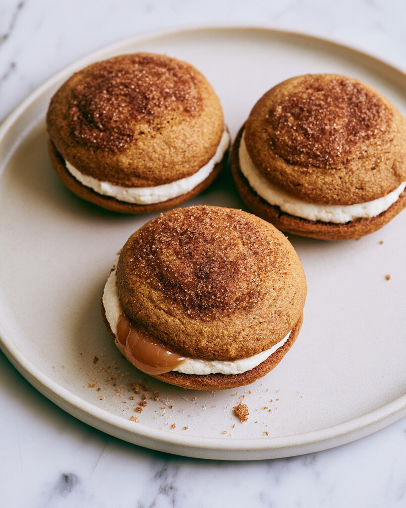 Assembled apple cider whoopie pies on a light plate showing golden cinnamon-sugar tops and cream cheese caramel filling