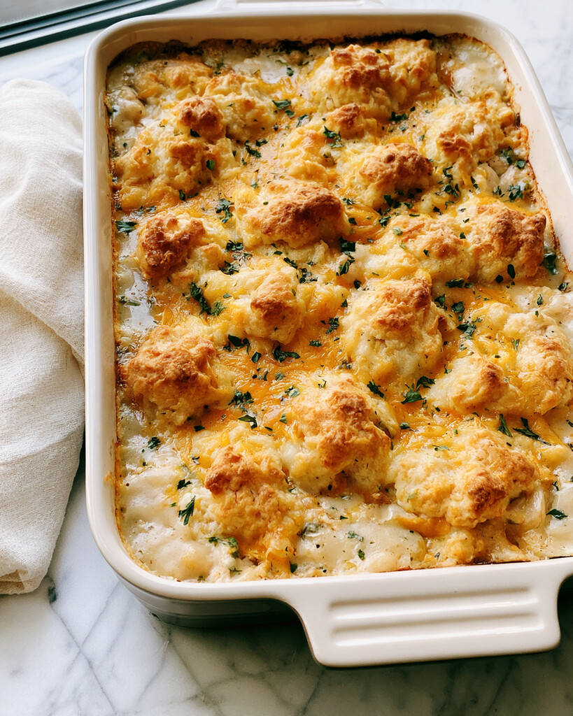 Baked Cheddar Biscuit Chicken Cobbler in a ceramic dish with a puffed golden crust and fresh parsley