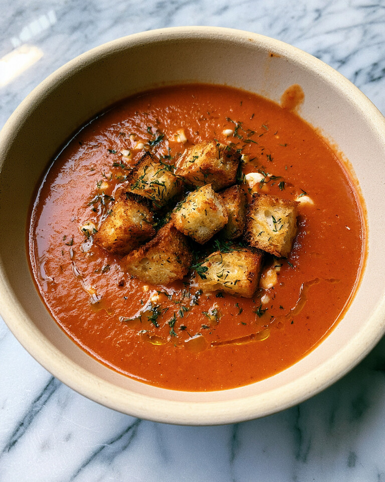 Red baked feta soup in a ceramic bowl topped with toasted sourdough croutons, crumbled feta, chopped dill, and olive oil