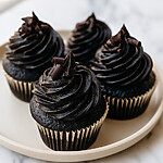 Four black velvet cupcakes topped with tall swirls of black buttercream and dark chocolate curls on a light plate