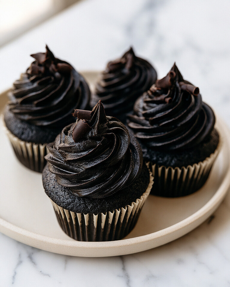 Four black velvet cupcakes topped with tall swirls of black buttercream and dark chocolate curls on a light plate