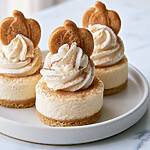 Plated cinnamon-sugar mini cookie cheesecakes garnished with swirls of whipped cream and baked pumpkin cookies