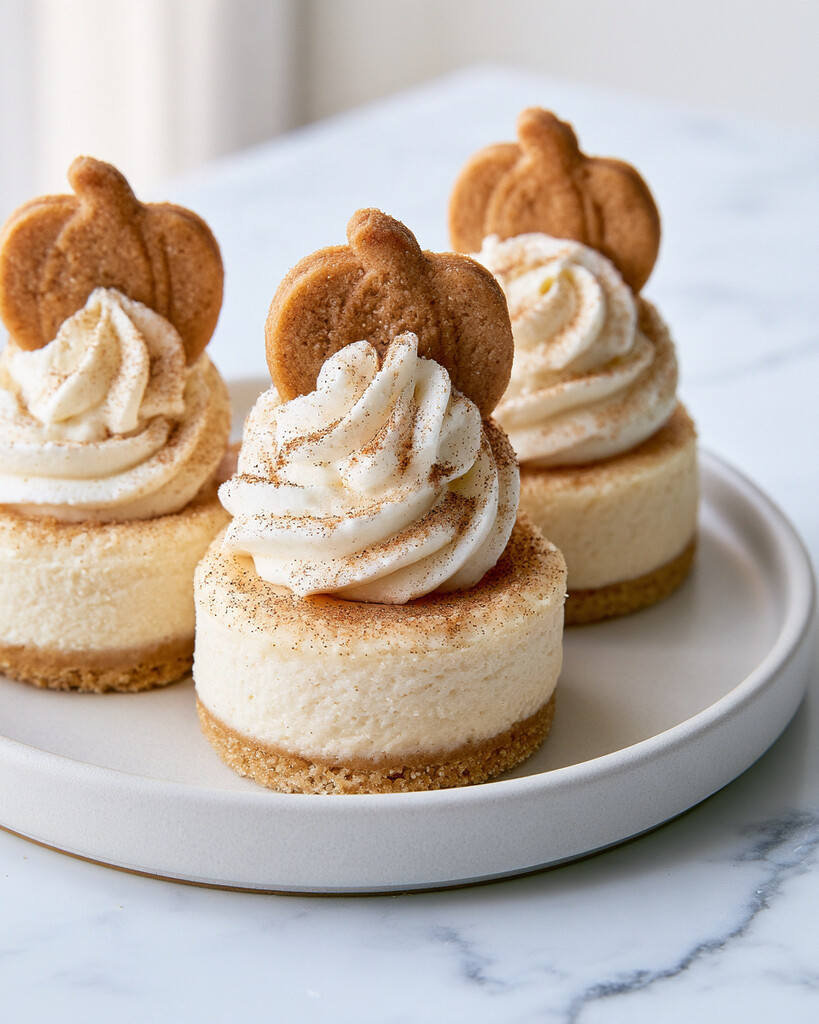 Plated cinnamon-sugar mini cookie cheesecakes garnished with swirls of whipped cream and baked pumpkin cookies