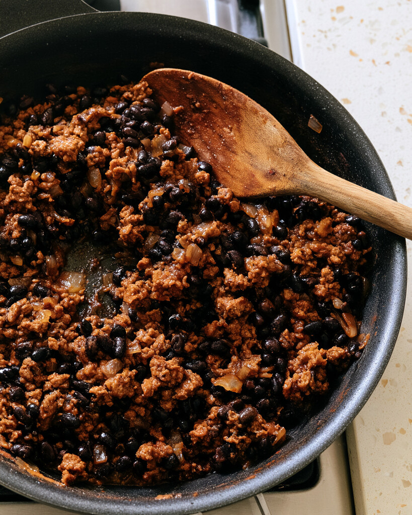 Ground beef and black beans simmering in a dark skillet