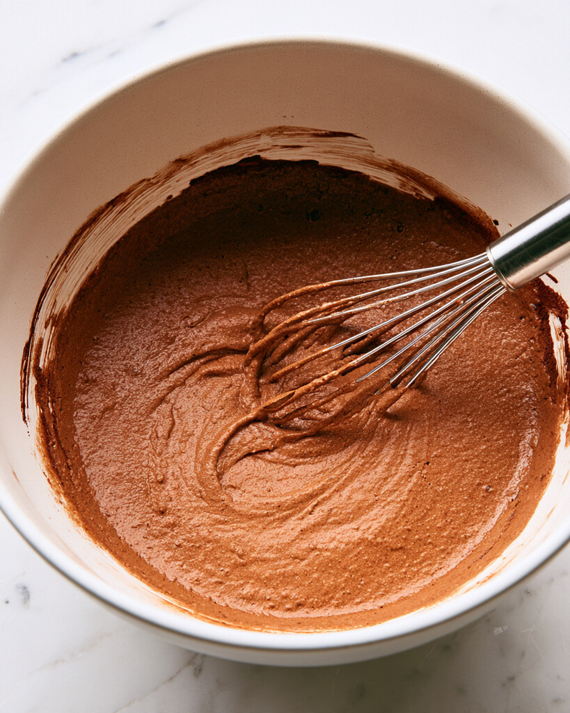 Smooth spiced chocolate cake batter whisked in a large white mixing bowl
