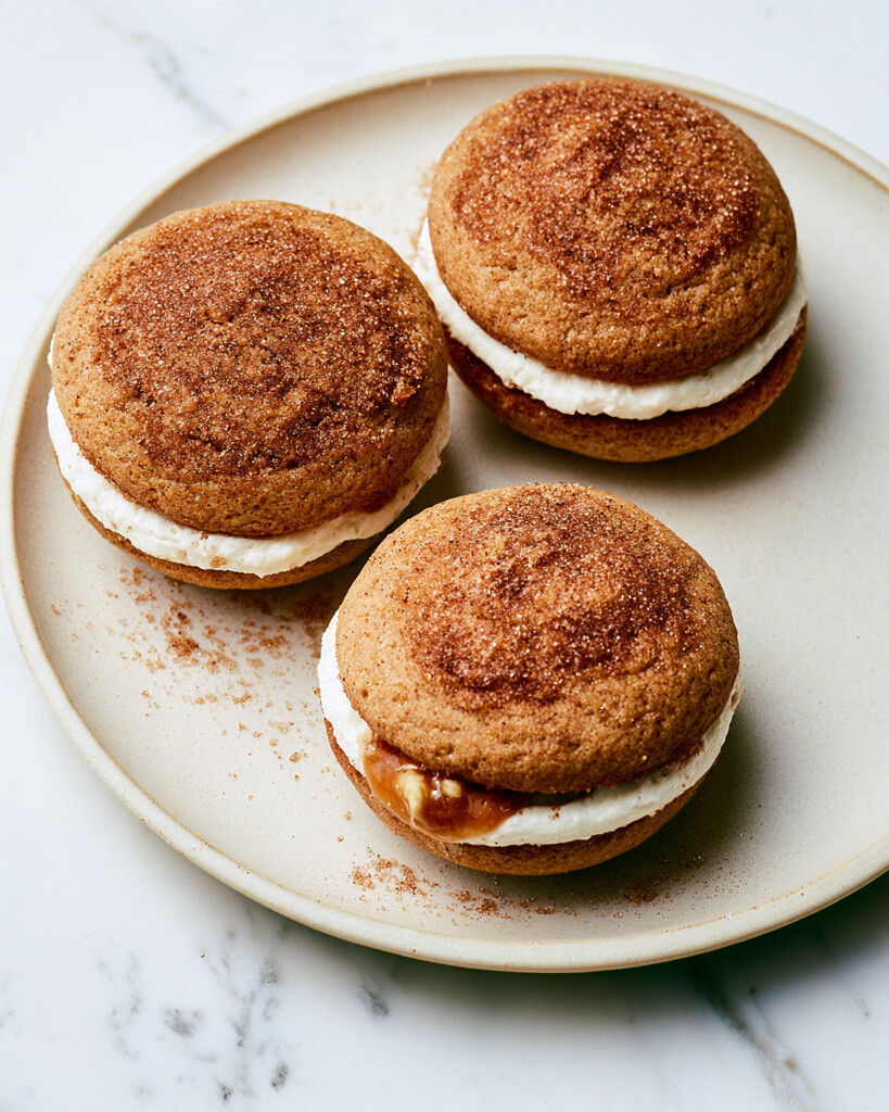 Apple cider whoopie pies arranged on a ceramic plate with golden crusted edges and creamy caramel centers