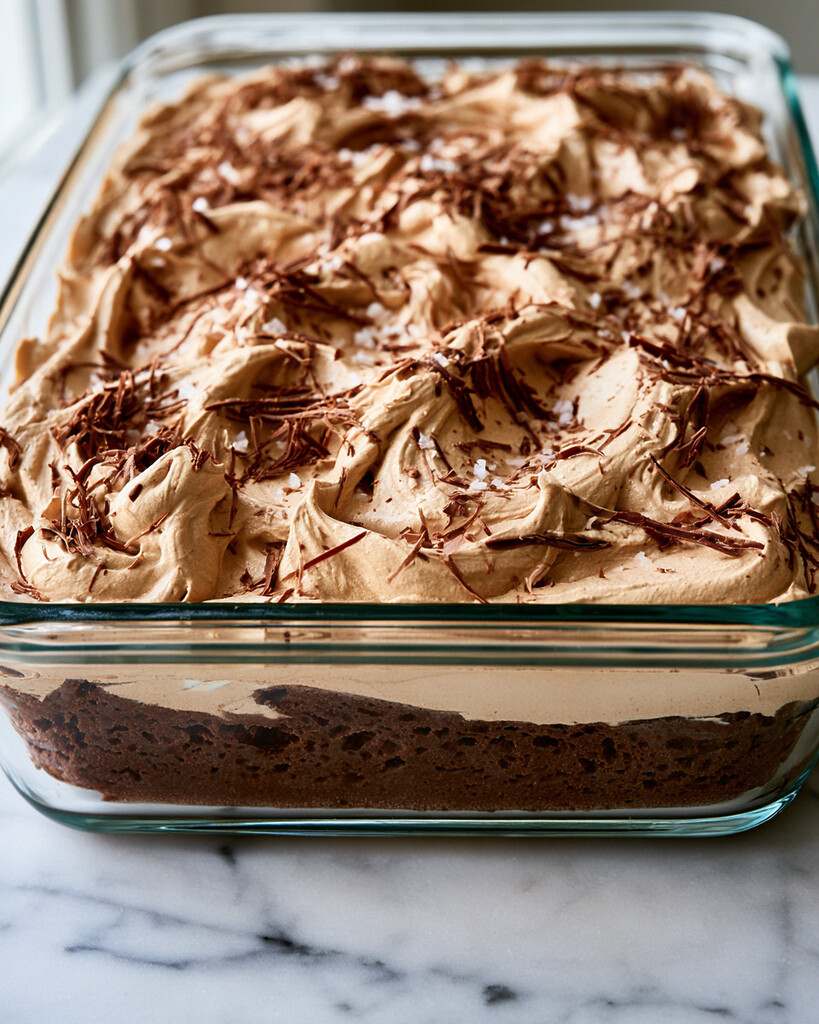 Chilled chocolate tres leches cake topped with swoops of cocoa whipped cream, grated chocolate, and flaky sea salt