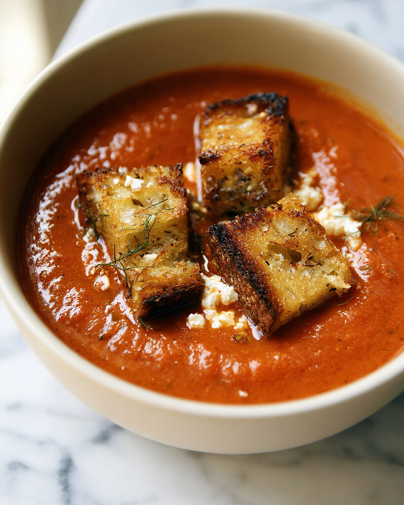Thick baked feta soup in a light bowl topped with crisp sourdough bread cubes, crumbled feta, and fresh dill