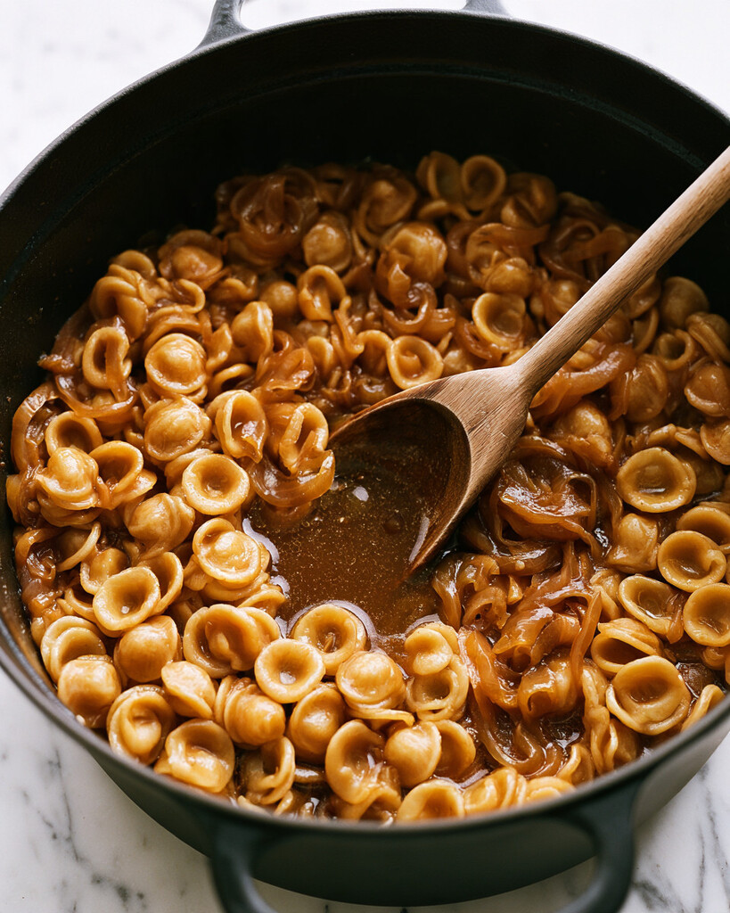 Orecchiette pasta shells simmering with caramelized onions in a glossy brown beef broth sauce inside a black pot with a wooden spoon