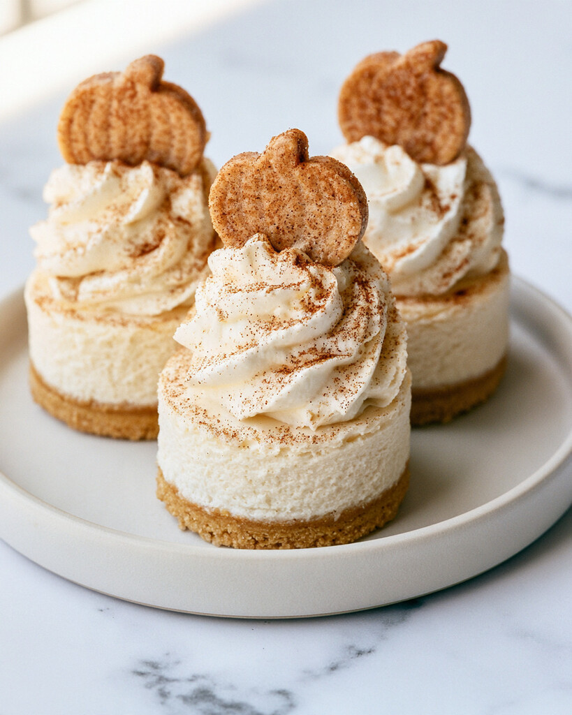 A mini sugar cookie cheesecake on a white ceramic plate topped with a thick whipped cream swirl and a pumpkin cookie