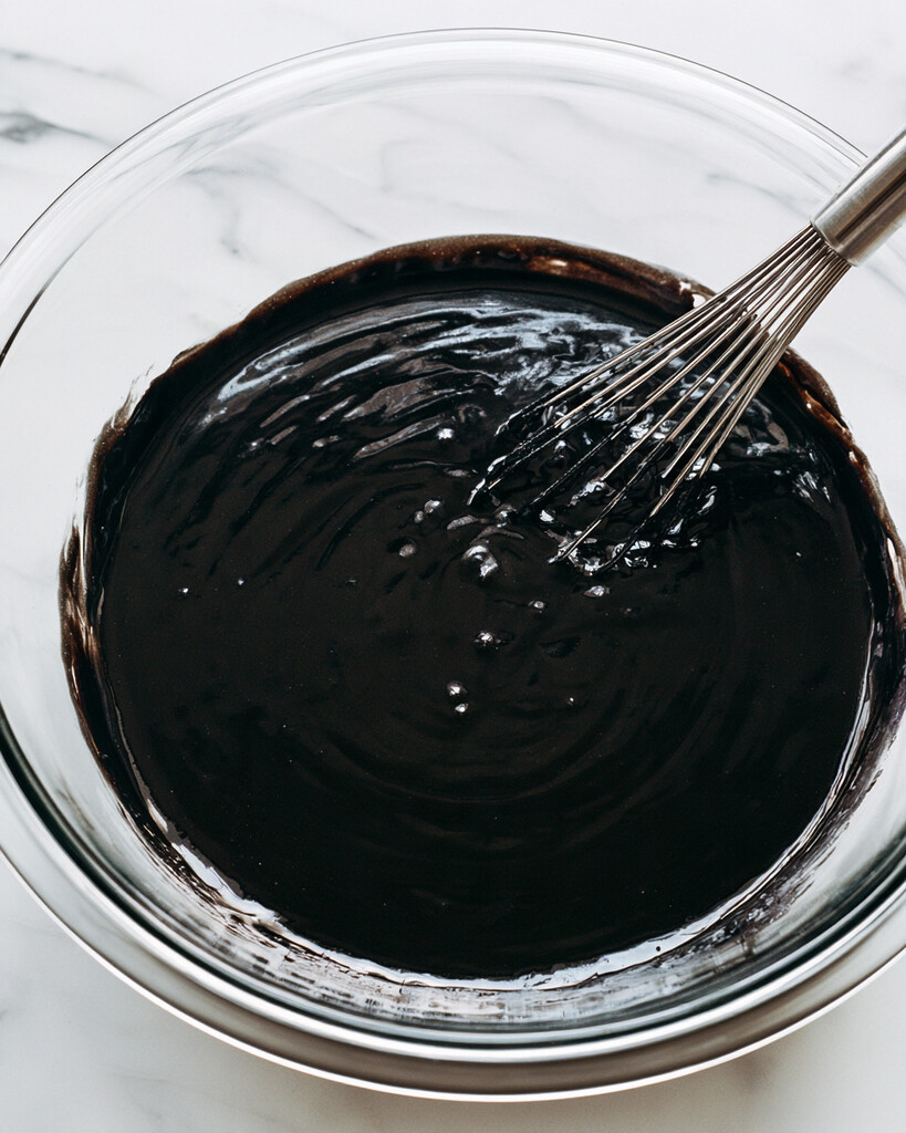 Shiny black velvet cupcake batter in a glass bowl with a metal whisk