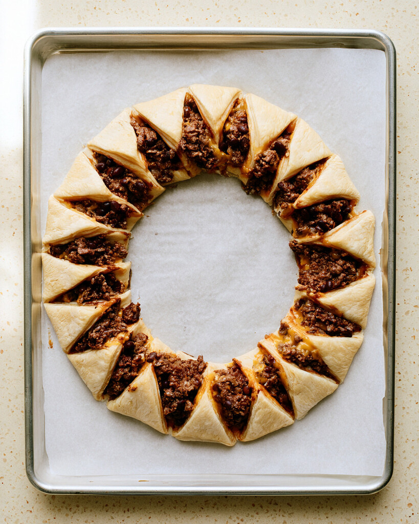 Crescent roll dough triangles arranged in a circle and wrapped around beef filling on a baking sheet