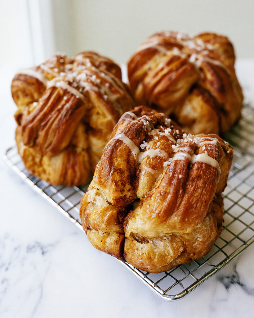 Close-up of golden flaky pumpkin spice cruffins on a cooling rack topped with light maple glaze and visible sea salt crystals