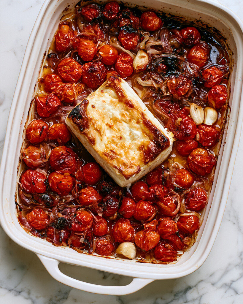 Collapsed roasted cherry tomatoes, shallots, garlic, and a golden-edged block of feta in a ceramic baking dish