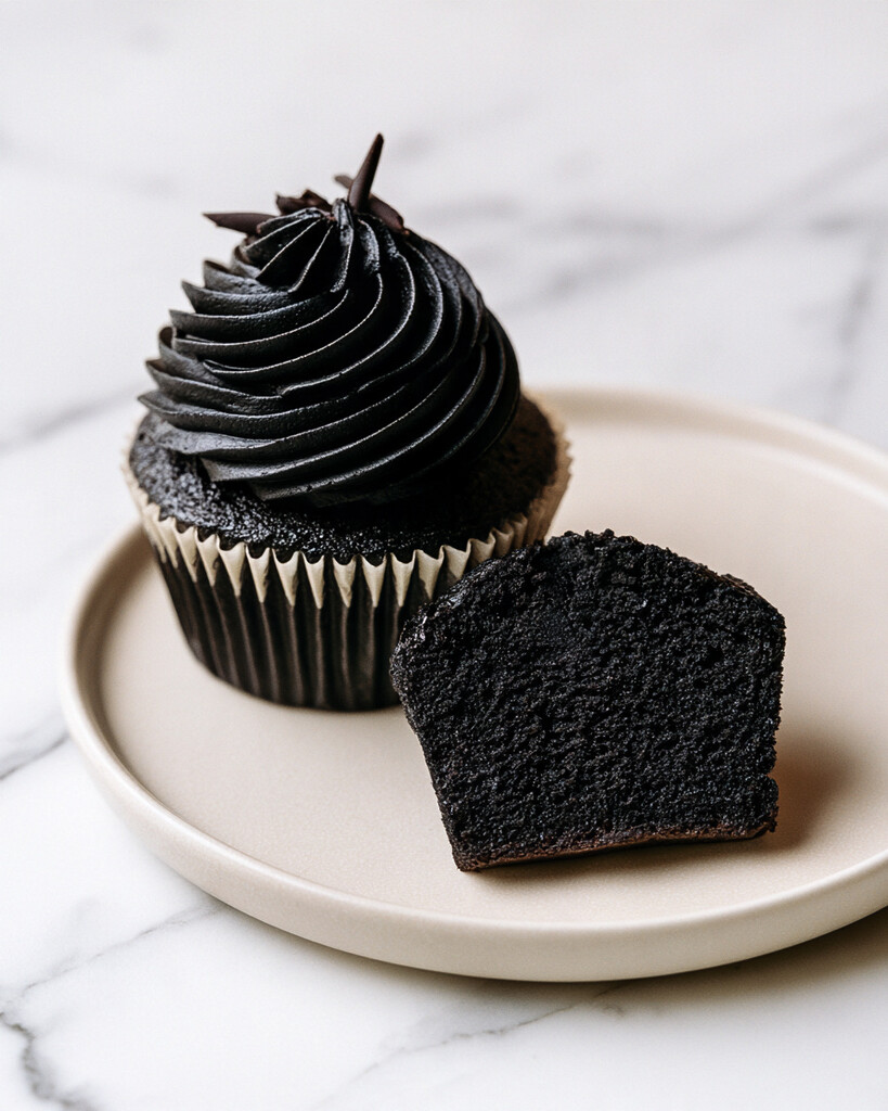 Sliced black velvet cupcake revealing a deeply dark, moist crumb under a swirl of black frosting