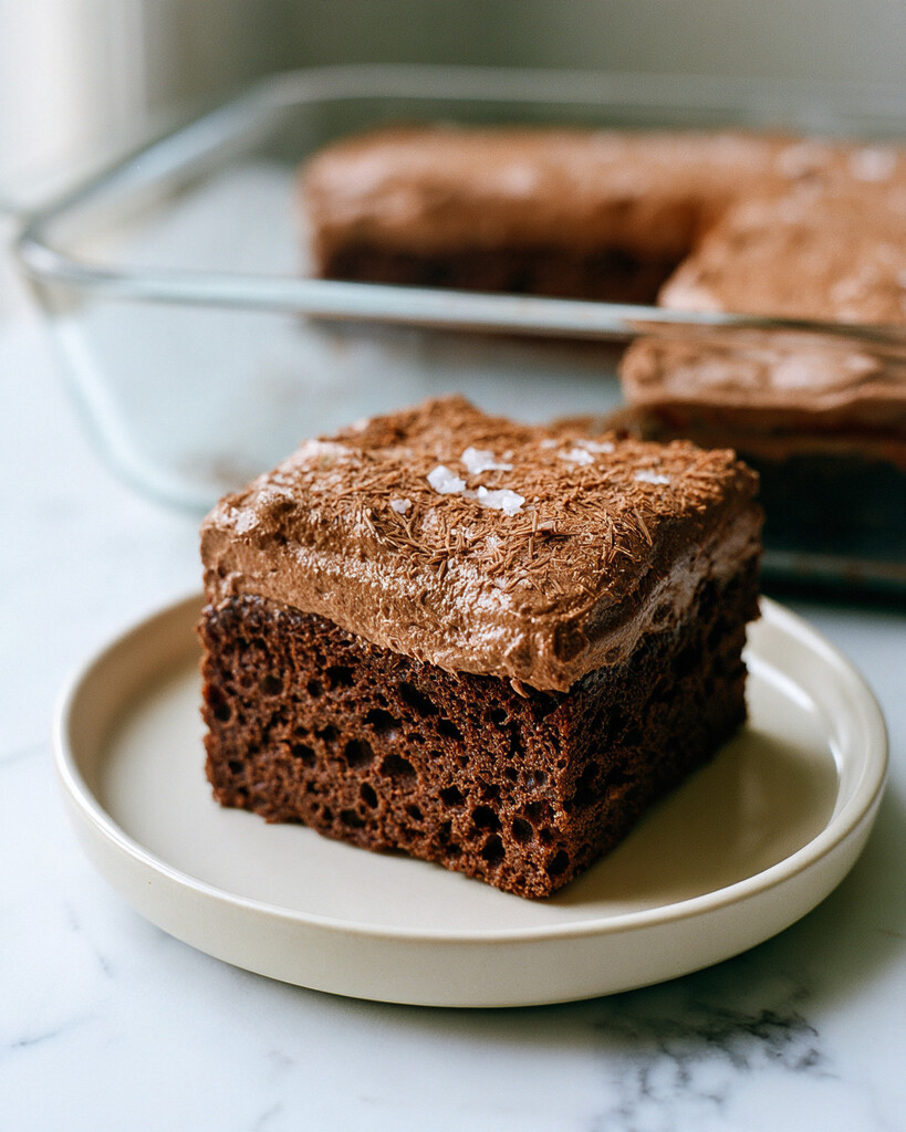 A square slice of Mexican hot chocolate tres leches topped with cocoa whipped cream, grated chocolate, and flaky sea salt