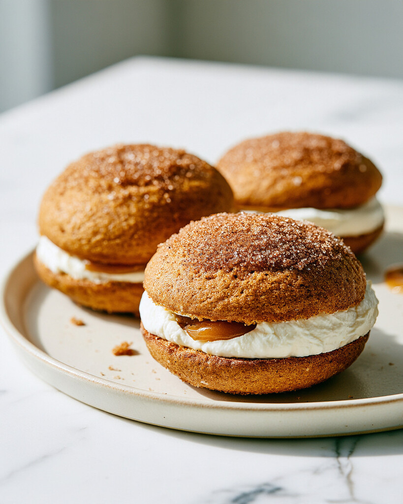 Assembled apple cider whoopie pies stacked on a plate with thick white frosting and salted caramel peeking out