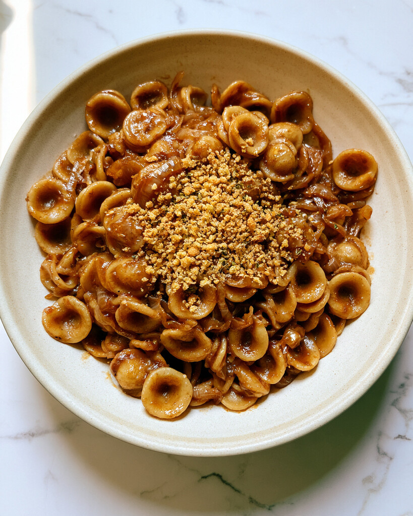 Light ceramic dish of French onion pasta coated in a glossy brown sauce with caramelized onions and crunchy breadcrumbs