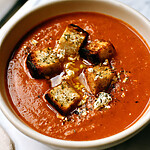 Velvety baked feta soup in a cream-colored bowl topped with golden sourdough croutons, feta crumbles, fresh dill, and olive oil
