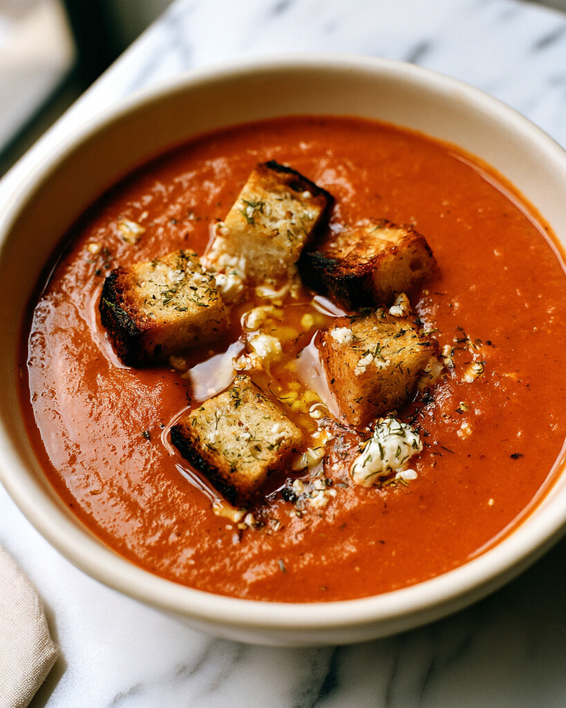 Velvety baked feta soup in a cream-colored bowl topped with golden sourdough croutons, feta crumbles, fresh dill, and olive oil