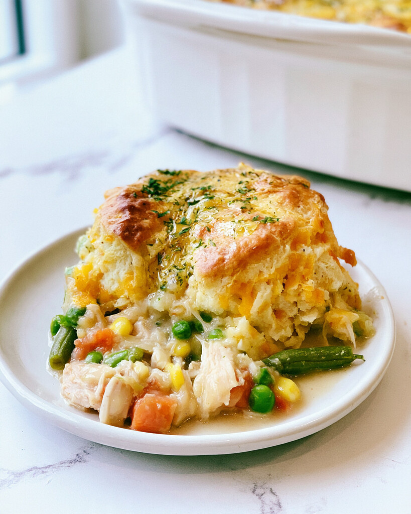 A portion of Cheddar Biscuit Chicken Cobbler served on a white plate with golden crust and vegetable gravy