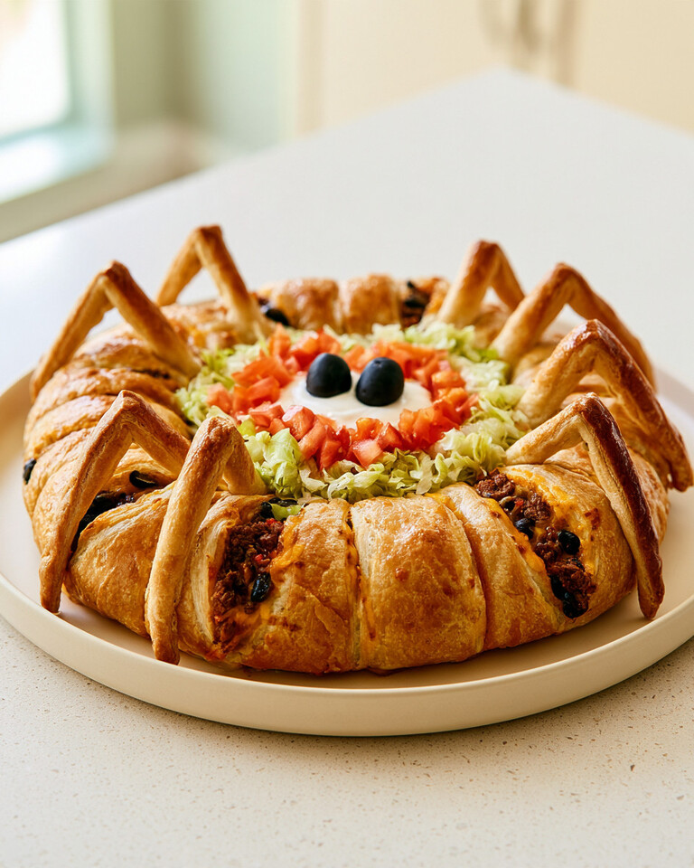 Garlic-butter spider taco ring with golden crescent dough legs and sour cream spider eyes in the center