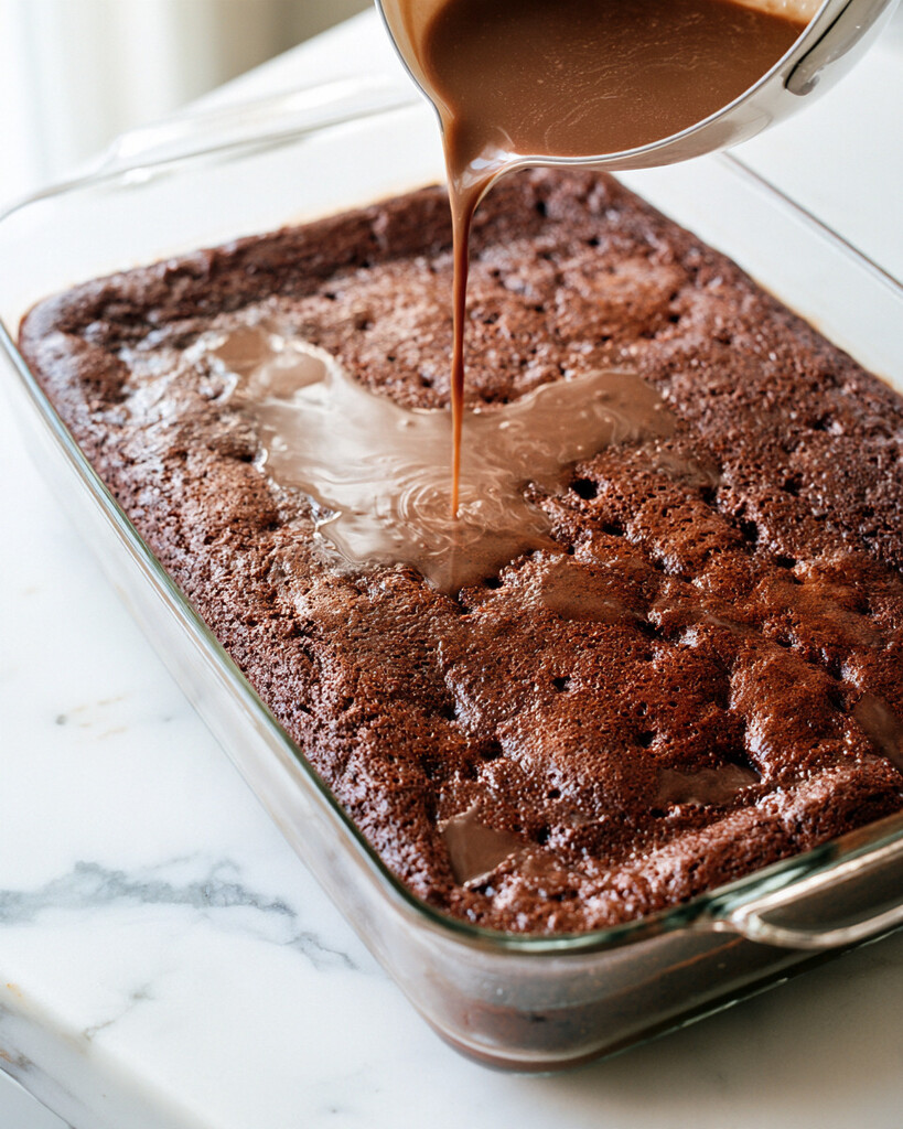 Warm chocolate three-milk mixture pouring over a poked chocolate cake in a glass baking dish