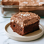 Close-up of a square slice of Mexican hot chocolate tres leches showing the moist, spongy chocolate crumb and cocoa whipped cream