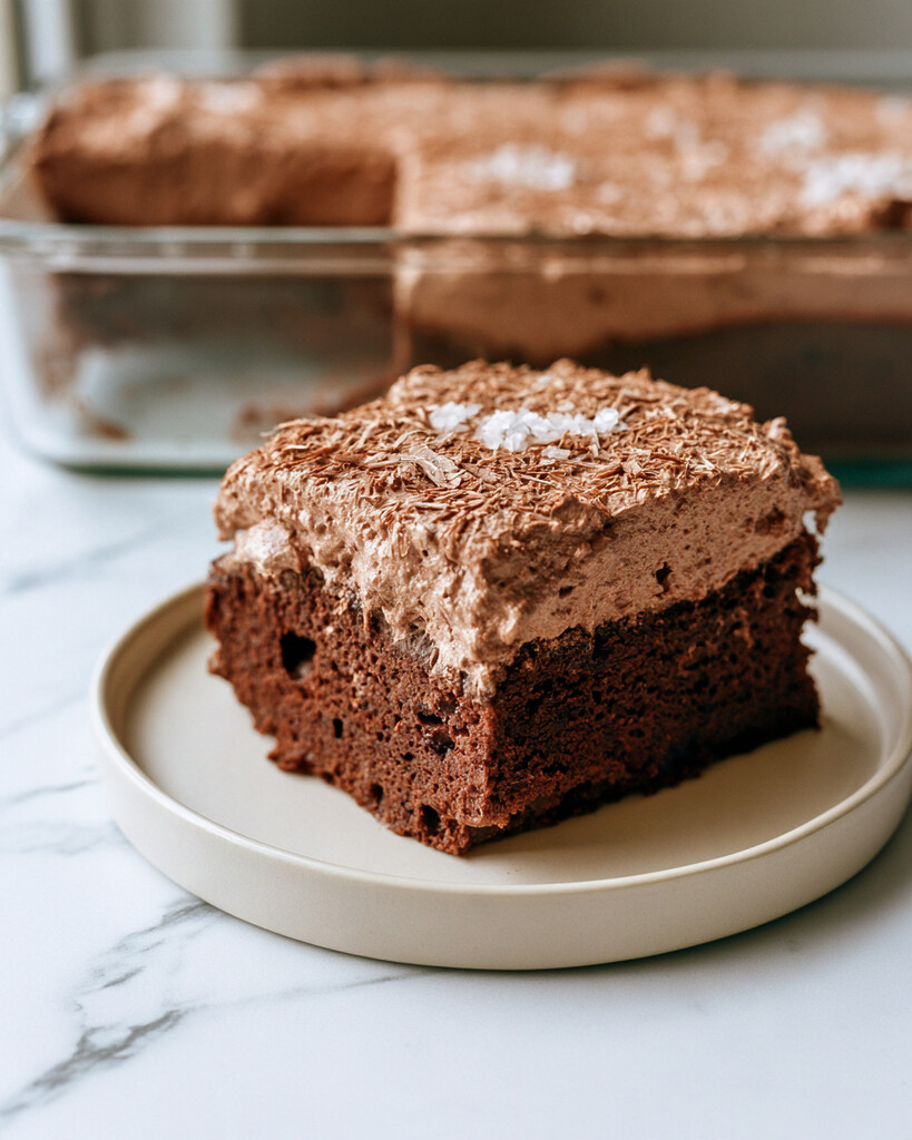 Close-up of a square slice of Mexican hot chocolate tres leches showing the moist, spongy chocolate crumb and cocoa whipped cream