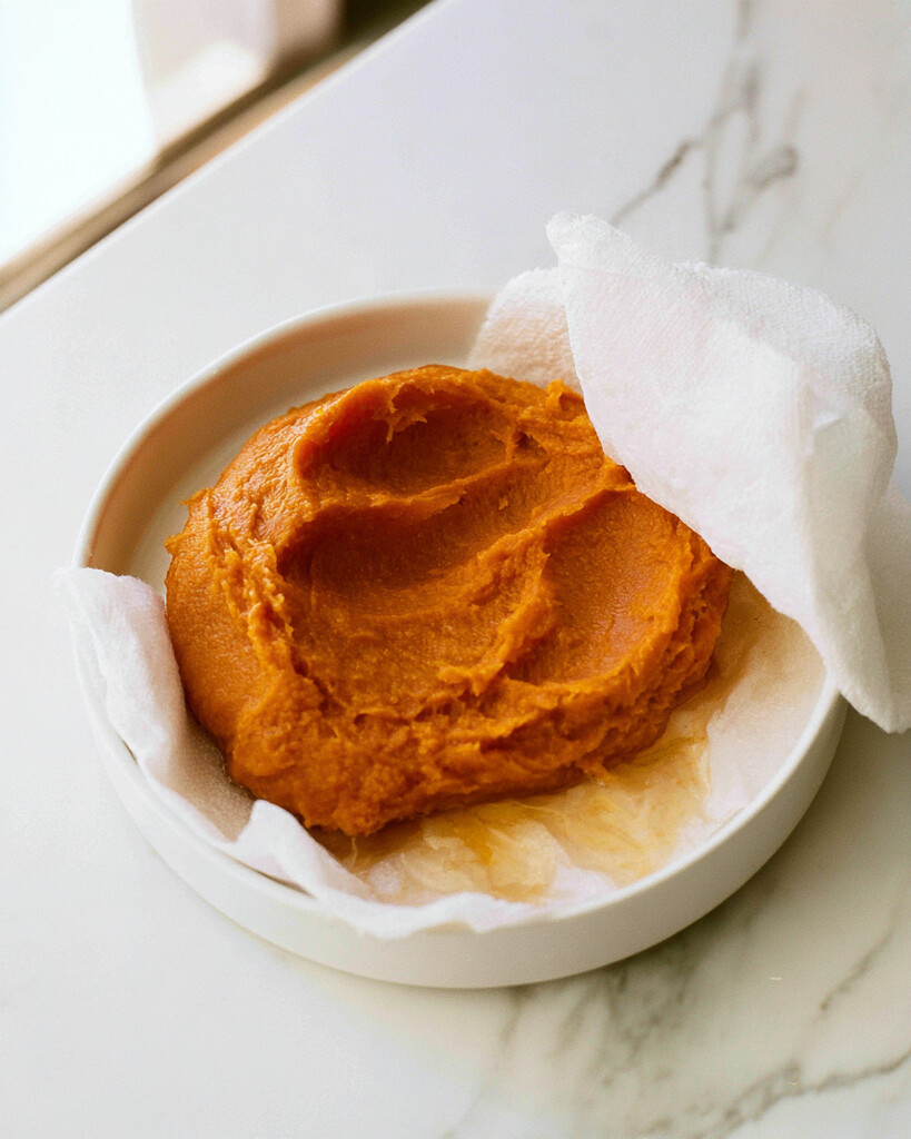 Thick orange pumpkin puree spread on a paper-towel-lined plate to remove moisture